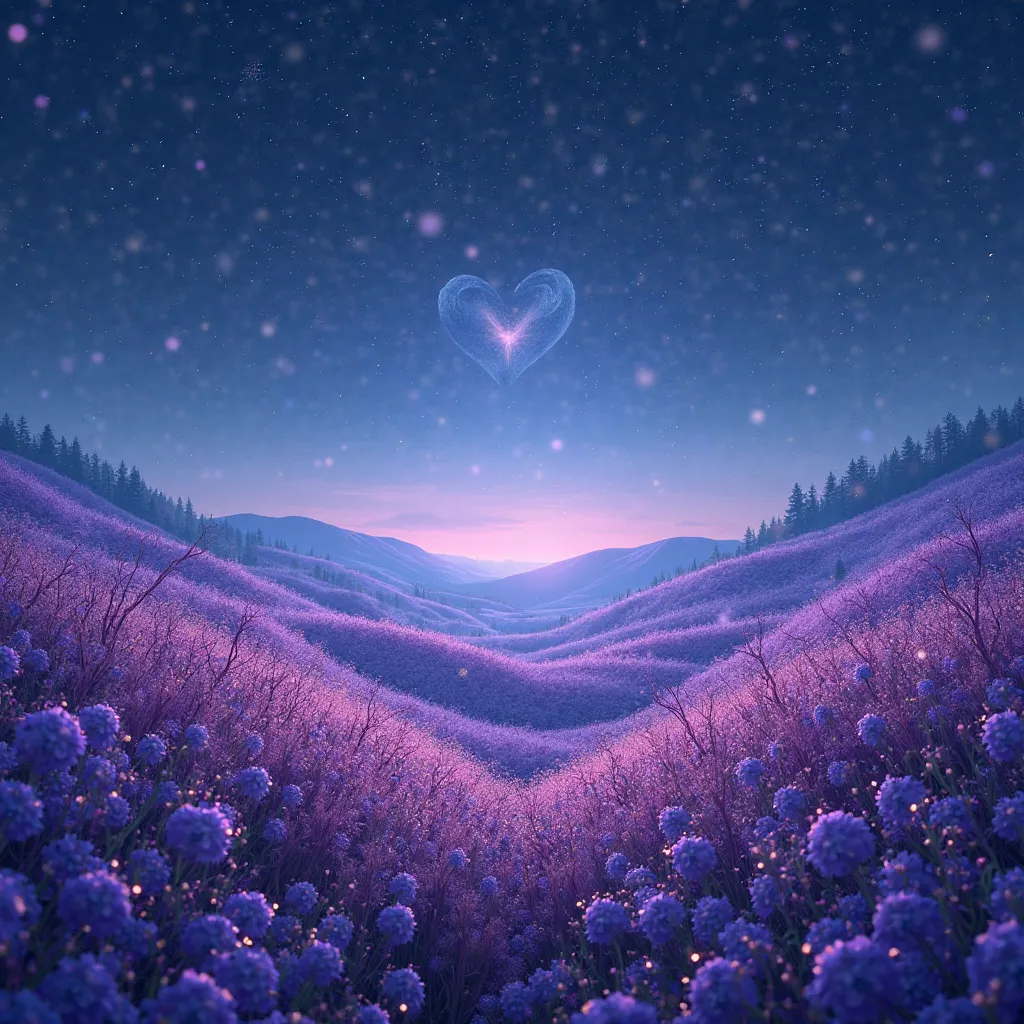 A bright night, starry sky, purple flower field, landscape, 8k surreal quality, perfect details, flower field arranged in a heart shape, dew drops on flowers, water drops on branches