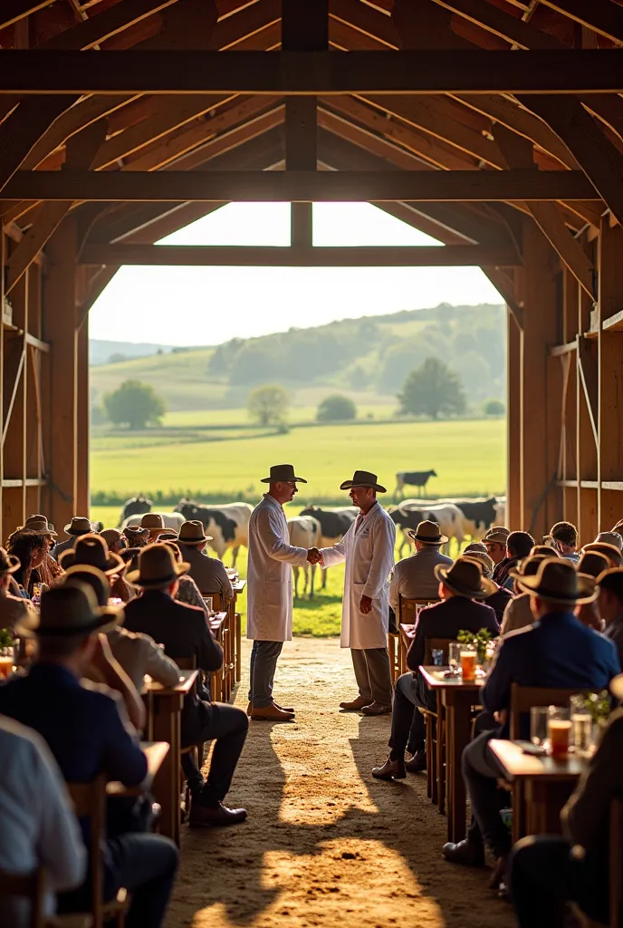 A vibrant scene unfolds within a spacious barn, where farmers and various animals coexist harmoniously under the warm glow of natural light streaming through the open structure. The wooden beams rise high above tables bustling with people enjoying refreshm...