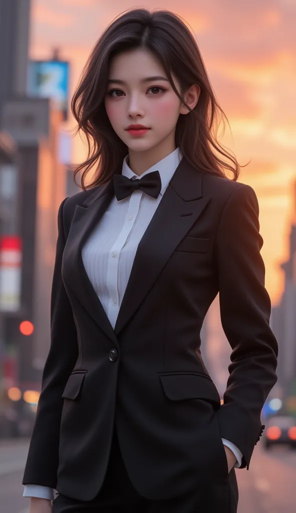 A beautiful young woman with a poised Japanese model-like look exudes confidence as she poses gracefully with a warm smile in a sophisticated formal tuxedo featuring natural make-up, a fitted black jacket and matching trousers, a pure white dress shirt and...