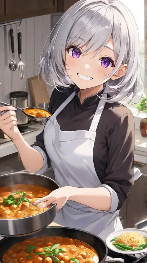 1 girl, solo, High Resolution, smiles, high quality,  Silver Hair, Aperture F1.2,  Slim,chest,purple eyes,cooking,one&#39;s home,curry