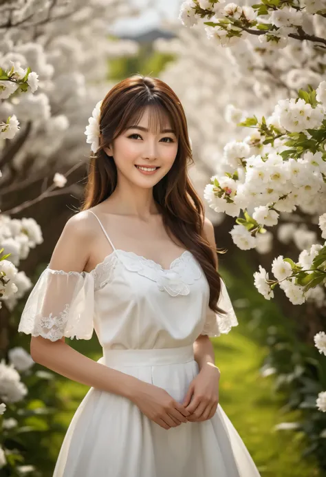 (Top Quality,8k,masterpiece,Ultra High Resolution 1.3),(photo realistic1.3),((Japanese woman)),smile,Long brown hair,white dress,full body,Flower Garden