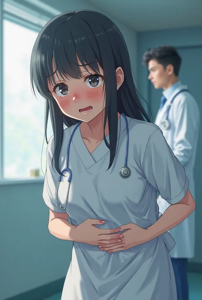 Anime woman standing at a hospital having a bad stomach ache, holding her stomach, and making a pained face, looks like she’s about to be sick, groaning and even tearing up from the pain, wearing a hospital gown, medium length black hair, and almost bendin...