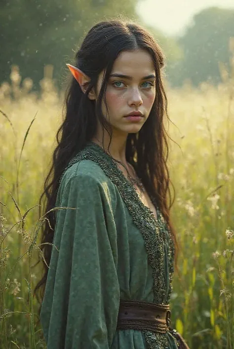 Based on Thranduil from the Hobbit movies, create an early twenties medieval fantasy demon fae prince with straight long black hair and blue eyes, beautiful, and wearing an elvish blouse, in a field