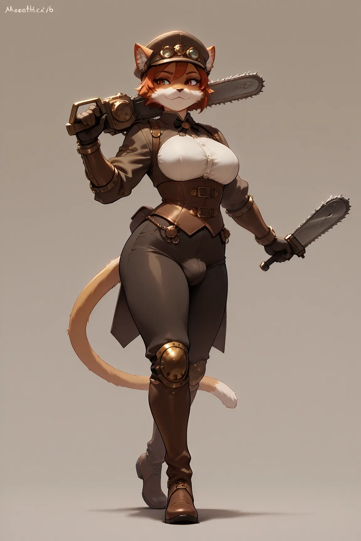 Furry, futanari, Bärenmädchen, s,  super sexy, nice breasts, small butt , Curve in step , steampunk outfit, chainsaw in hand, neutral background,  appealing pose , 