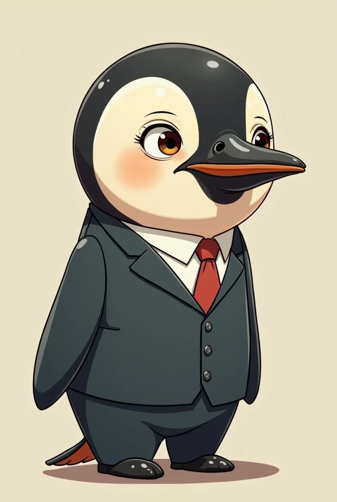 Ask for a picture of an anime man with a round head of a penguin in the face of a penguin, ask a little old man to wear a suit.