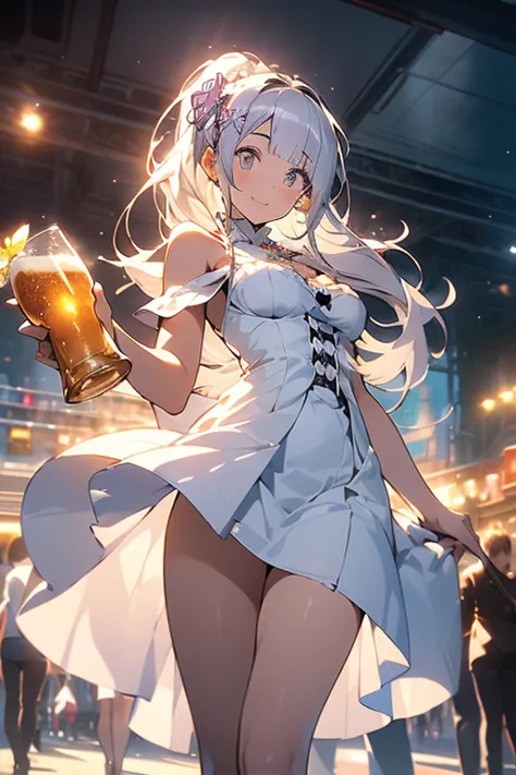 (masterpiece:1.2), (from below:1.3),(best quality:1.2), newest, intricate details, perfect anatomy, 1girl:1.2, (emilia (re:zero):1.2), ((plain white wedding dress:1.1, long dress:1.2, off-shoulder dress:1.5, sleeveless:1.3, front slit:1.3, torn dress skirt...