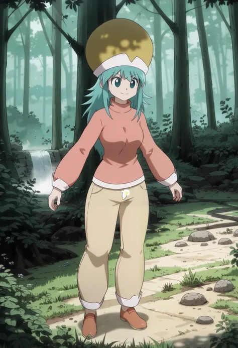 ponzu, hat, light blue hair, light blue eyes, smile, solo, score_9, (ultra nude breasts:1.2, ultra huge tits:1.2, ultra huge cleavages:1.2, ultra huge boobs:1.2), long sleeve pink shirt, red long pants, shoes, standing, in deep forest, trees, grasses, rock...