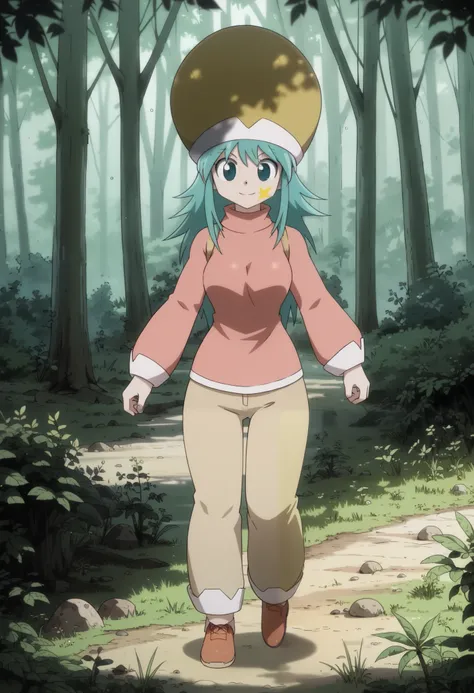 ponzu, hat, light blue hair, light blue eyes, smile, solo, score_9, (ultra nude breasts:1.2, ultra huge tits:1.2, ultra huge cleavages:1.2, ultra huge boobs:1.2), long sleeve pink shirt, red long pants, shoes, standing, in deep forest, trees, grasses, rock...