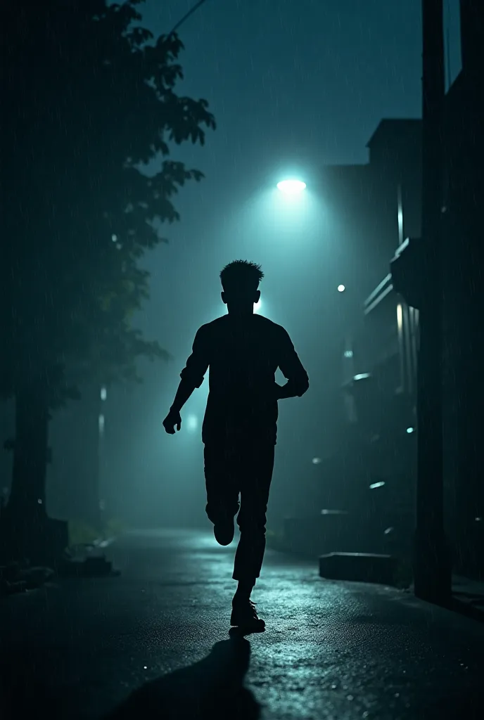 Midnight Scene – A dark, eerie atmosphere with light rain falling. A deserted street where a young man, Rahul, is running in fear.