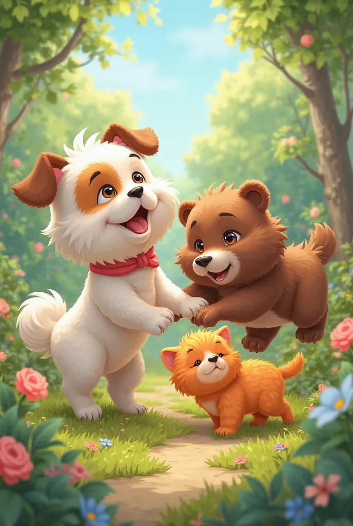 A cartoon like, pluffy dog color white and brown, a cat color orange and bear color brown, playing in the garden