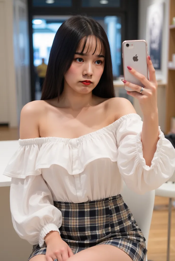 24-year-old Thai girl, pretty and cute, straight black hair, good figure, A-cup breasts, beautiful legs, She wearing an sexy off-the-shoulder, white top with long sleeves with a high-waisted sexy hot pleated micro plaid skirt. She sit elegantly in bekery s...