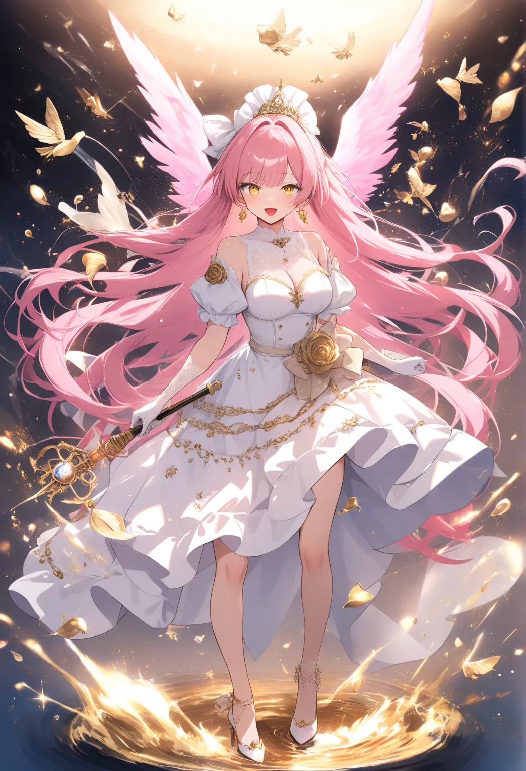 Pink long hair、Shining yellow eyes 、A dress where you can see white and yellow bare feet、white lace gloves、I have a red wand that shines with magic、white high heels、 gold earrings、 red lips、Singing、It's in the deep sea、Big pink wings on its back、A ring of ...