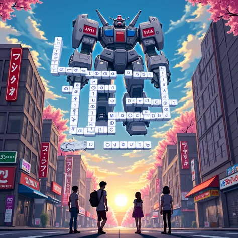 Epic anime splash art: A giant crossword grid floats over a bustling **Akihabara-inspired cityscape** (neon signs, manga shops, arcades). Letters transform into anime tropes: ‘M’ becomes a **mecha robot**, ‘D’ morphs into a **dragon** with glowing scales, ...