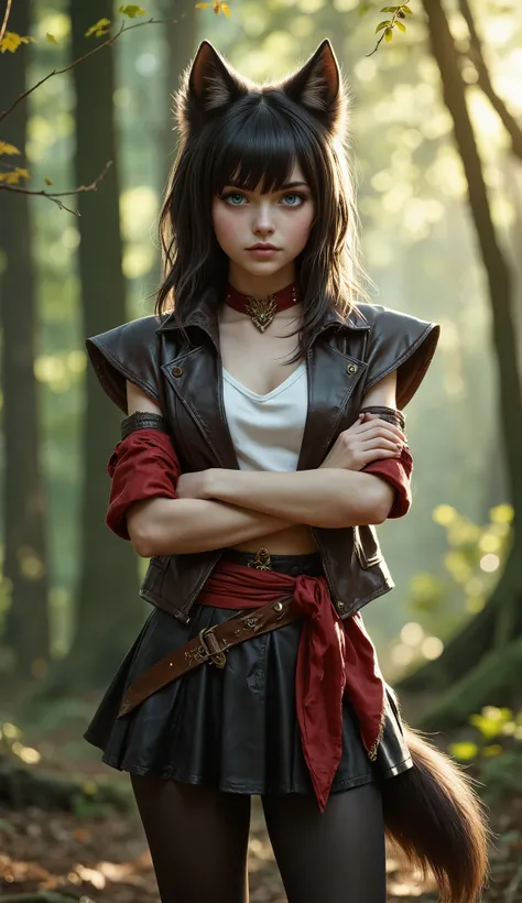 A realistic petite wolfkin girl with shoulder-length straight dark hair, flowing freely, and bright blue eyes featuring vertical, cat-like pupils.
She possesses, fluffy wolf ears and a long, wolf tail. Her skin is pale. She wearing fantasy style leather...