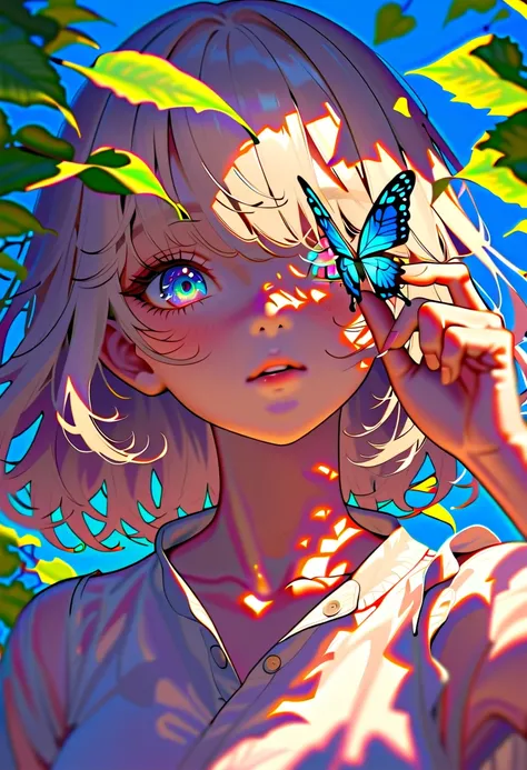 Style 9，girl，Cover one eye with a leaf，Butterflies fall on your eyes