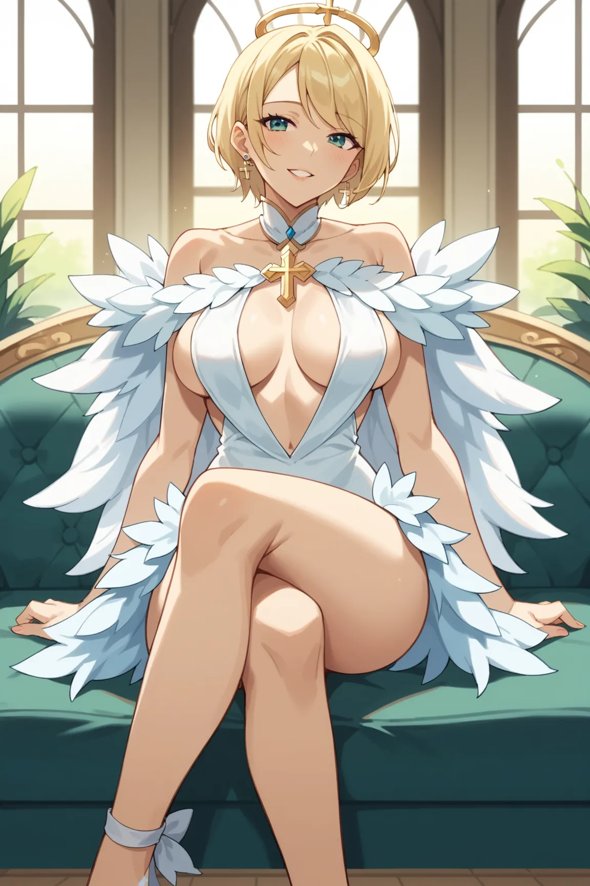 masterpiece, best quality, High Resolution,  latest, 1 girl, Alone,  Official Illustration ,  anime drawing ,  angel fit , short hair, big breasts, bare shoulder to the man behind you, white feather cape , , boob opening, feather dress,  viewers, smile, si...