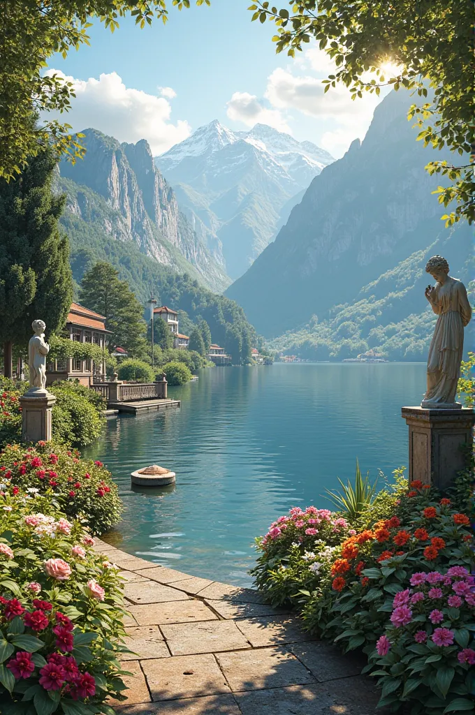 Landscape at Lake Como. Italy. the surface of the water , Blooming gardens, sculptures , sun