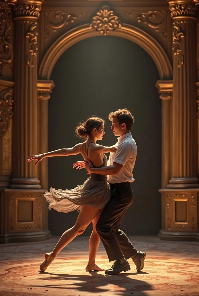 Make a wallpaper of a classic style stage in which a girl and a boy are performing contemporary dance