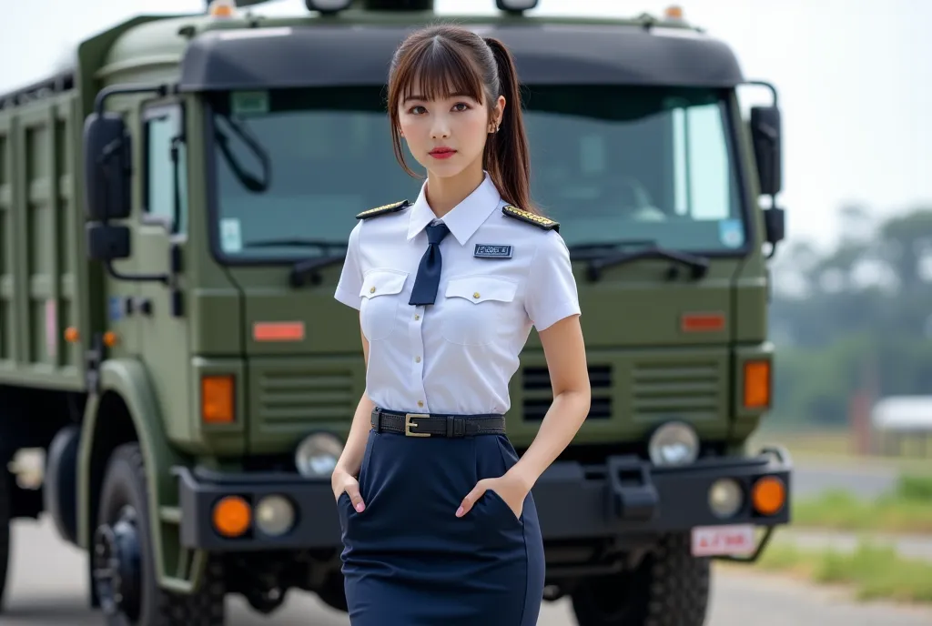 Sexy beautiful Japanese woman, a self defense officer uniform, wearing a white short-sleeved shirts, navy blue tie, navy blue pencil skirt, Black patent high heels, beautiful hip-line, Beautiful thighs, Alafed truck with gun on back, special forces, heavil...