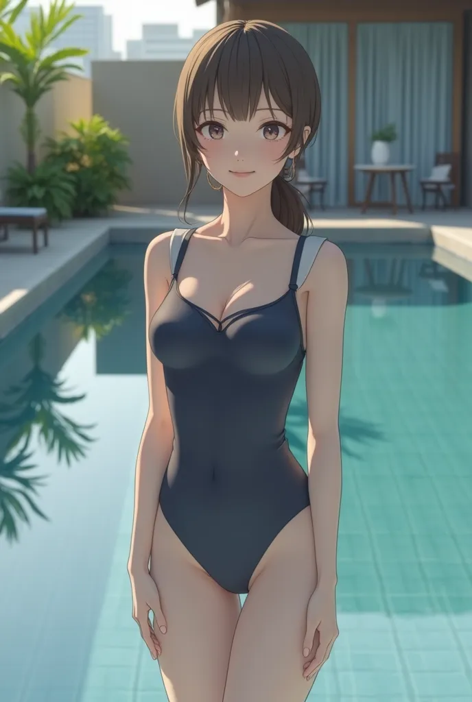 Japanese woman in a school swimsuit, the woman is bright , standing by the pool ,Swimsuit has a simple design、The shoulder straps have a white border、Fits your body、No wrinkles、and the chest is less exposed、wearing a dark blue matte swimsuit,The expression...