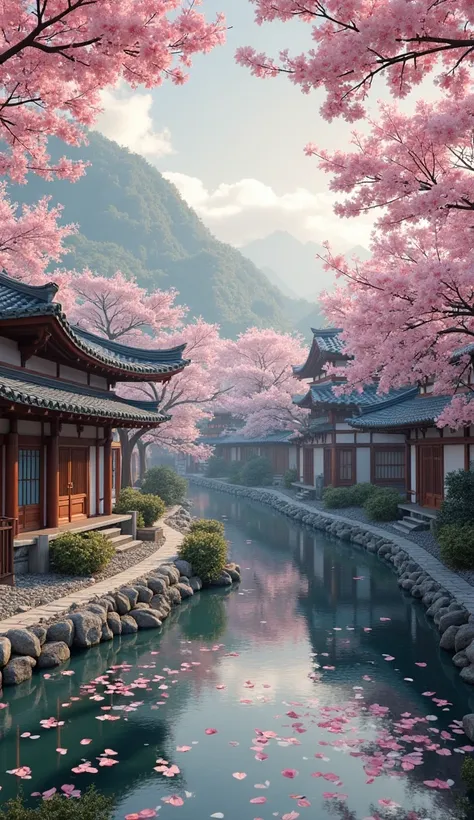 a serene japanese village, cherry blossoma serene japanese village, cherry blossoms blooming, traditional japanese architecture, pagoda rooftops, cobblestone paths, tranquil pond, sakura petals floating in the air, warm natural lighting, vibrant foliage, p...