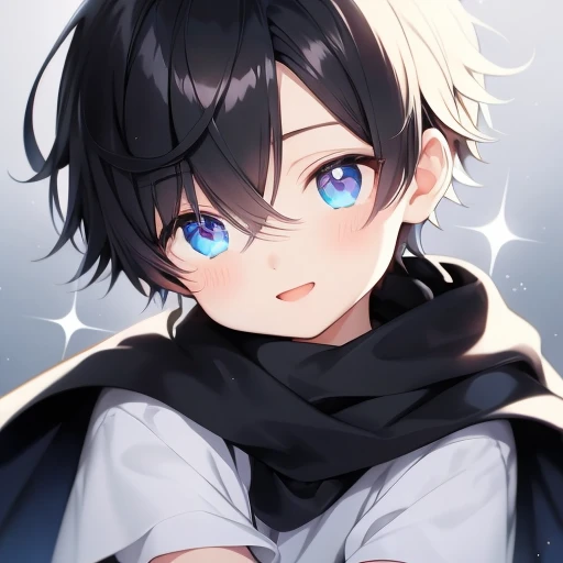  icon style illustration、(超High Resolution:1.2),(absurd:1.2),(High Resolution:1.2),(best quality:1.2), chibi,nice,simple pattern for background、 black hair、handsome、male、Purple Eyes、blue eyes、A glittering costume like an idol、Black right hand、The outline o...