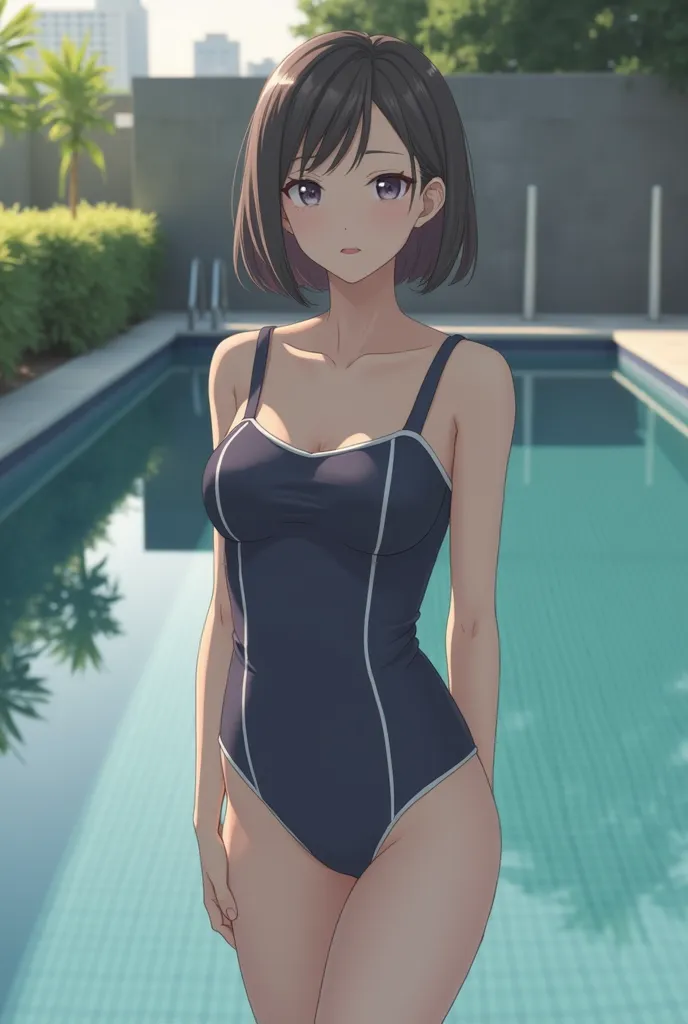 Japanese woman in a school swimsuit, the woman is bright , standing by the pool ,Swimsuit has a simple design、white piping swimsuit、Fits your body、No wrinkles、The chest is less exposed、wearing a dark blue matte swimsuit,The expression is calm,The skin is w...