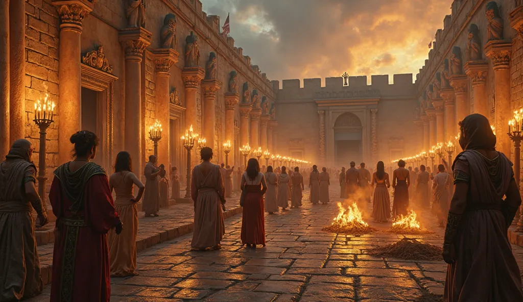 "An epic and cinematic scene depicting idolatry and prostitution in Jericho, moments before the fall of the city. The setting must be vibrant and detailed, with stone streets illuminated by torches, stately pagan temples adorned with sculptures of Canaanit...