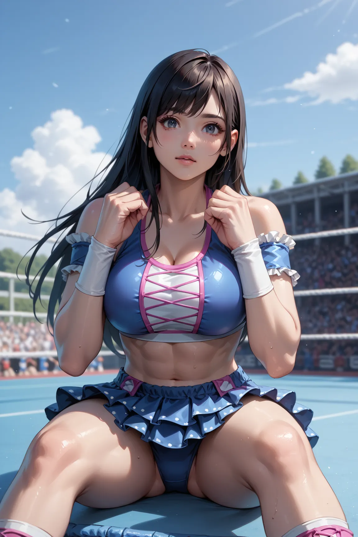 4k ultra quality,score_9, score_8_up, score_7_up, score_6_up, score_5_up, incredibly absurdres,best quality,high resolution,sourse_anime,   zPDXL,  rating_ safe BREAK,
solo, 1girl,cute japanese female,  kokoro, black hair,long hair, kokorowrestle, ruffle s...