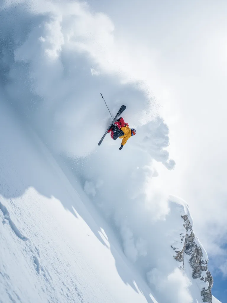 "Create a highly realistic and detailed image of a snowboarder mid-air, performing a perfect backflip while escaping a massive avalanche. The snowboarder should be in full motion, with snow spraying around and the avalanche rushing down behind them. The sc...