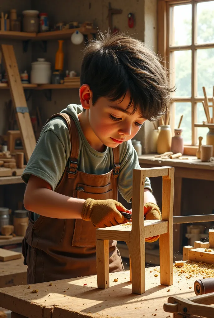 Young boy sawing wood for chair