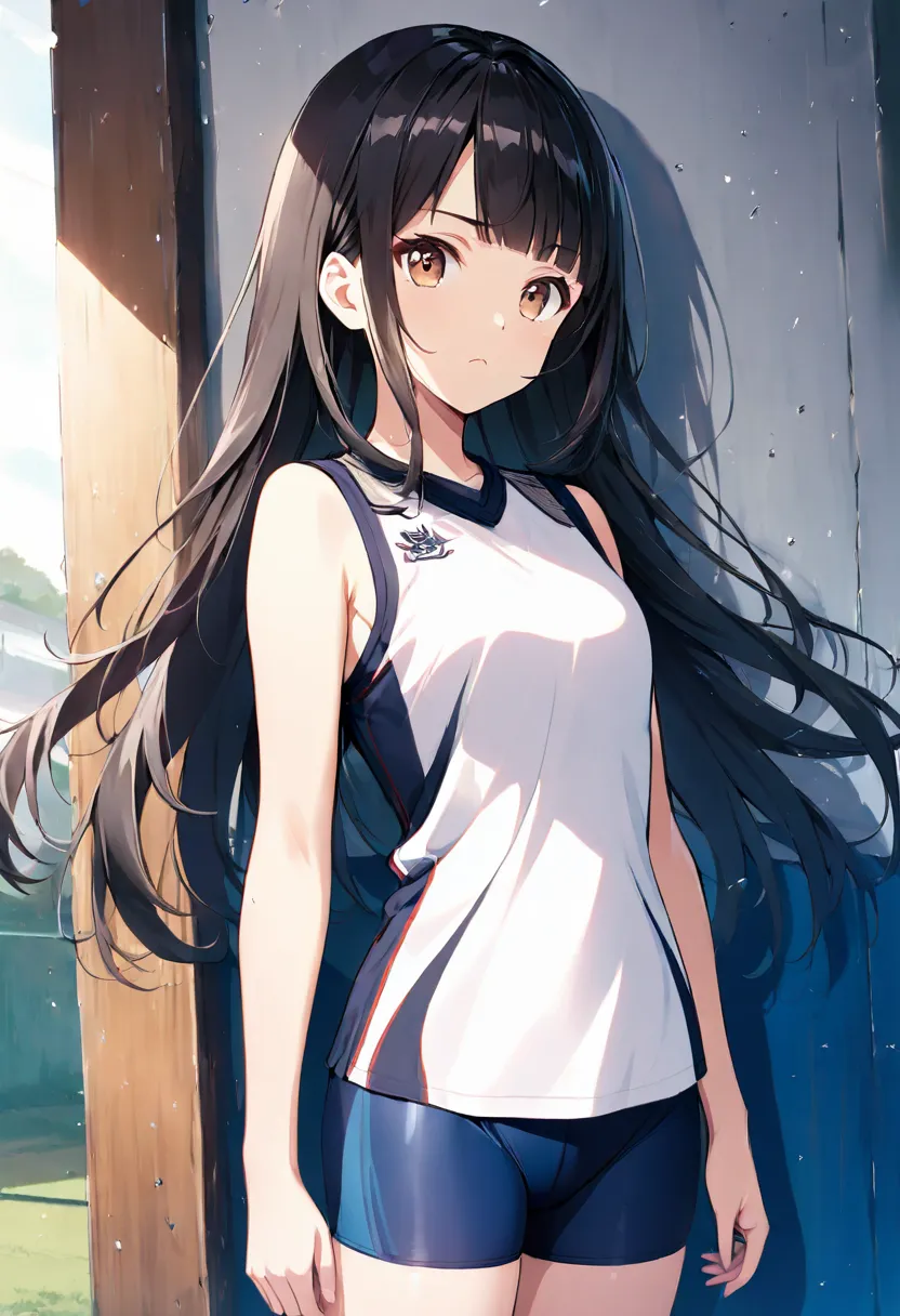 1girl, solo, long hair, looking at viewer, bangs, shirt, black hair, brown eyes, closed mouth, standing, cowboy shot, sky, shorts, sleeveless, day, blunt bangs, sleeveless shirt, shadow, frown, bike shorts, blue shorts, sportswear