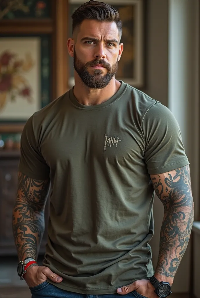 Gender: Male
Age: 36
Eye Color: Green
Hair Color: Brown, graying temples
Body Type: Lean and Atheltic, broad shoulders, six pack
Height: 194 cm (6'4)

Appearance:
- Caramel colored Skin
- Slicked back, styled hair
- three-day beard
- Casual, yet elegant st...