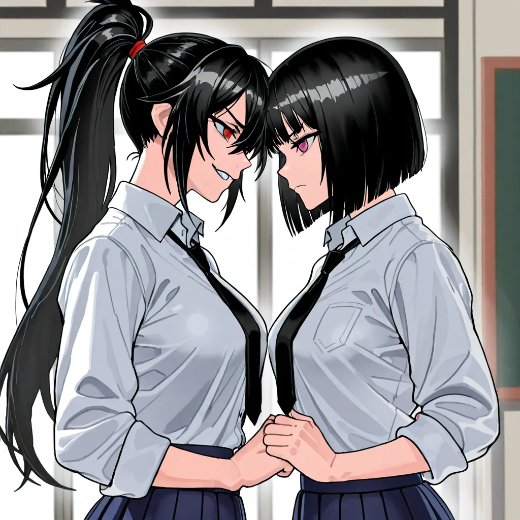 Two athletic high school girls standing face-to-face, exuding intense rivalry. One has a short bob cut, sharp and sleek, while the other has a long high ponytail. Both wear sporty, slightly rebellious school uniforms—one with her blazer unbuttoned, the oth...