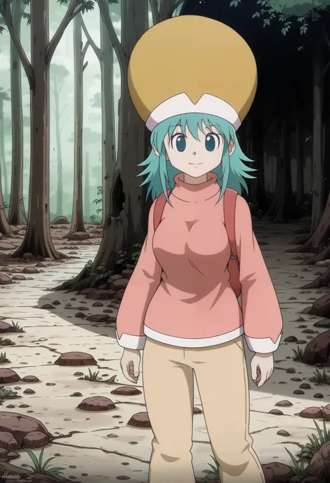 ponzu, hat, light blue hair, light blue eyes, smile, solo, score_9, (ultra nude breasts:1.2, ultra huge tits:1.2, ultra huge cleavages:1.2, ultra huge boobs:1.2), long sleeve pink shirt, red long pants, backpack, shoes, standing, in deep forest, trees, gra...
