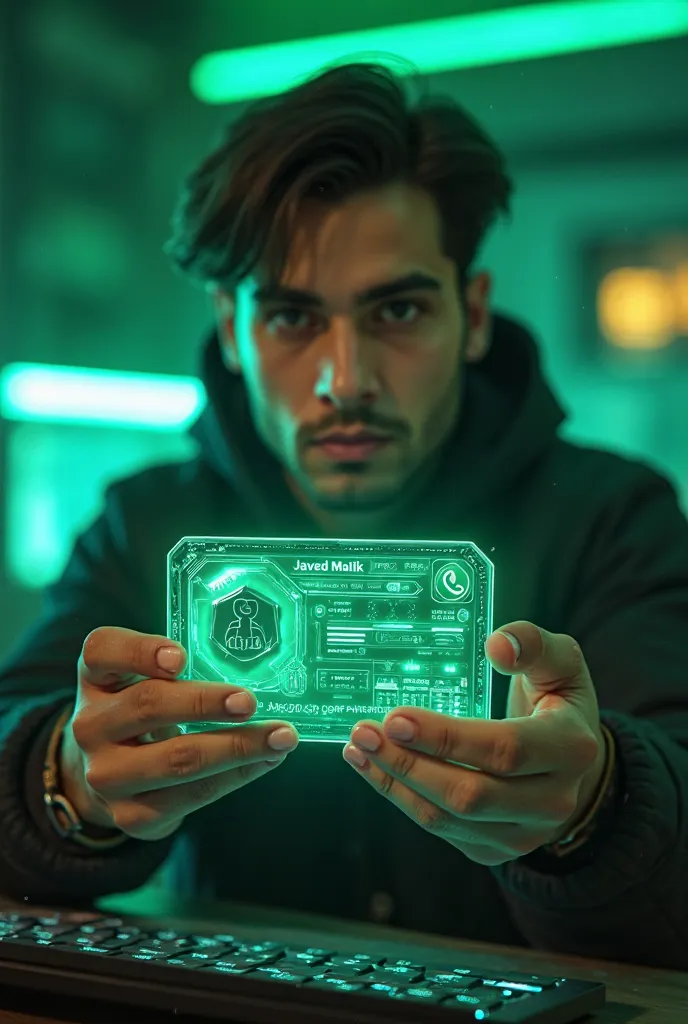 "A futuristic digital identity card with a transparent glass-like interface, held by a person’s hands. The card displays a hyper-realistic portrait of a young man with stylish brown hair, deep eyes, and smooth skin. The interface features modern UI element...