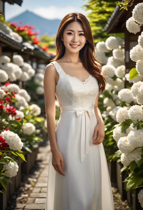 (Top Quality,8k,masterpiece,Ultra High Resolution 1.3),(photo realistic1.3),((Japanese woman)),smile,Long brown hair,white dress,full body,Flower Garden
