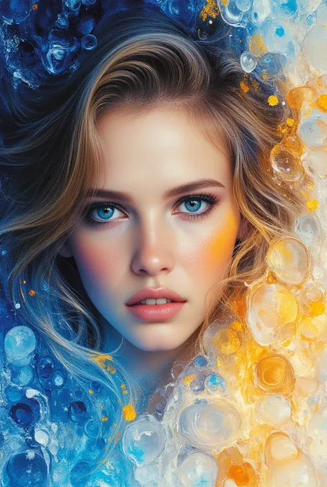 Crystal glass Bible's real girl entity, all crystal glass, crystal glass skin, curly hair brunnete girl, blue and yellow shades only artwork, freckled face and skin,  Scarlett Johansson