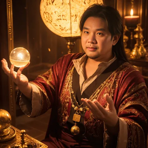 Seller is 40 years old,holds a crystal ball with both hands,  horoscopes , Cast magic , Cast magic ทรงพลัง, casting defensive spells, Perform magic knocks, Spell  wizard, Spell ,Thai people,THE CARD WIZARD,man,Fat person