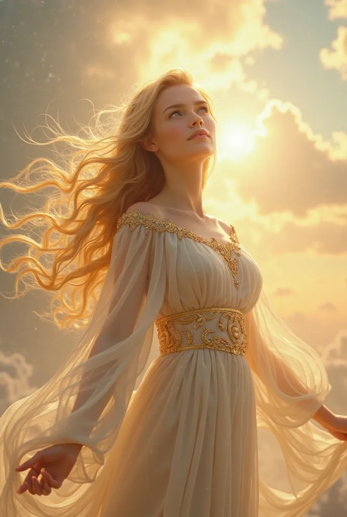 CREATE AN IMAGE OF THE GODDESS OF SUNBEAMS AND LULLABIES. make it look like a myth goddess. make her even more prettier and sexy. make her face aura calm and caring