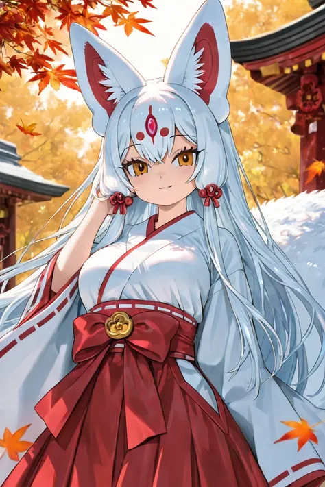 A full-body anime-style illustration of Oinari-sama, inspired by Kemono Friends. Oinari-sama is depicted as a humanoid fox girl with pure white fur, large fluffy ears, and a single elegant tail. She wears a traditional Japanese shrine maiden outfit with a ...