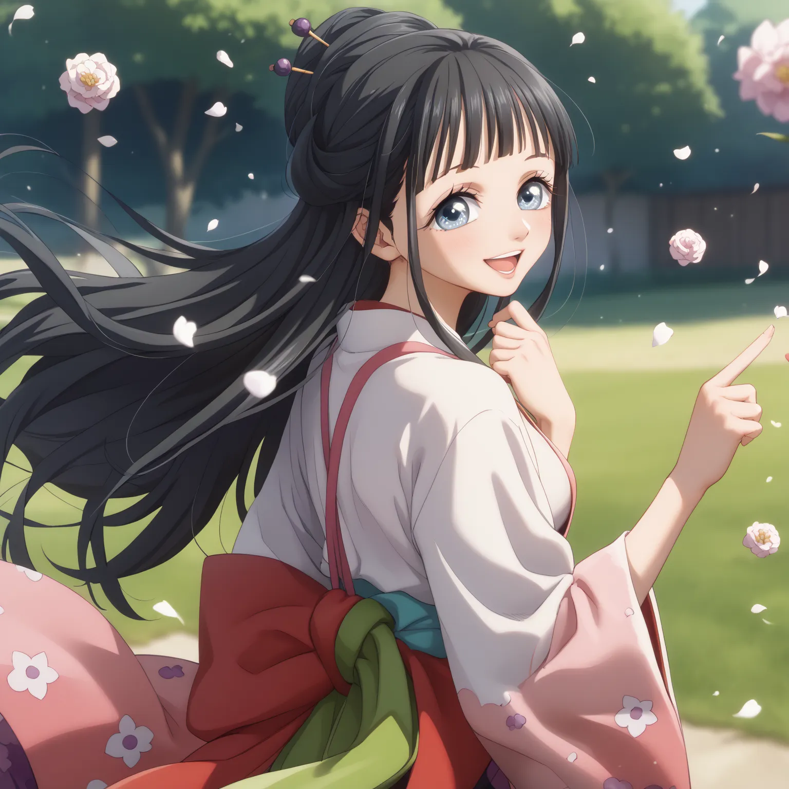 Top Quality、perfect body、1 girl、High Resolution、looks at one woman、smiles、とてもlong hair、long hair、Top Quality、high image quality model、very detailed、chest、大きなchest、long eyelashes、 big eyes、back view、 turn around、sling、anime、pretty girl、 black hair、 kimono、 ...