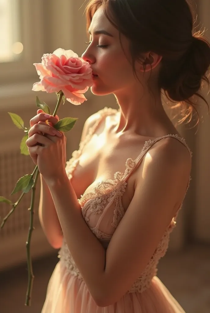  Soft focus photography. Medium shot. A woman in a thin, flowing gown kissing a rose, her chest rising and falling gently. Softbox lighting. Dreamy, ethereal quality. Petals unfolding from the rose like tender fingers. Delicate, lace-like fabric clinging t...