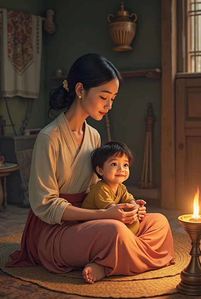 Inside a simple village home, a kind-looking woman in a modest dress (wearing dubara) sits on a woven mat. She smiles warmly at her son, who sits beside her. The room is lit by an oil lamp, creating a peaceful and loving atmosphere. The boy looks happy and...