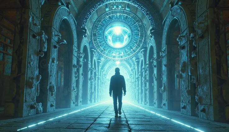 A person walking down a corridor made of light, surrounded by arcane symbols and interdimensional portals.  At the end of the corridor , there is a glowing eye, symbolizing spiritual awakening. The environment has a futuristic and mystical tone, with a pla...