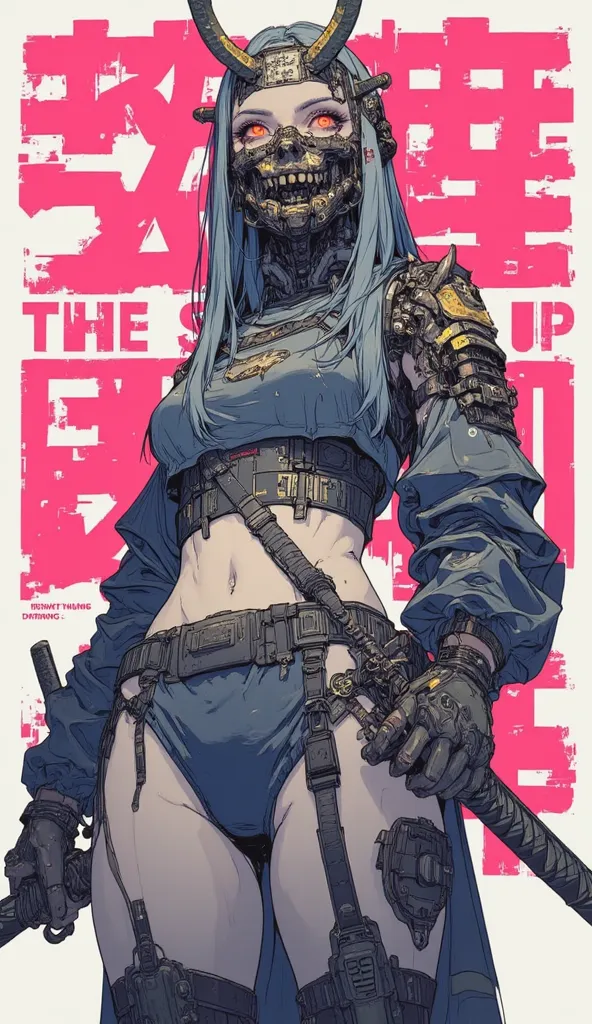 bright orang eyes ((pupils)), long clothe,((loincloth)),((pelvic armlet)),big sword blades, colorful,(((japanese text words))),tall,female, (english text:never give up),hips,boobs,long hair,outline, masterpiece,  ((main:rang background)),military equipment...