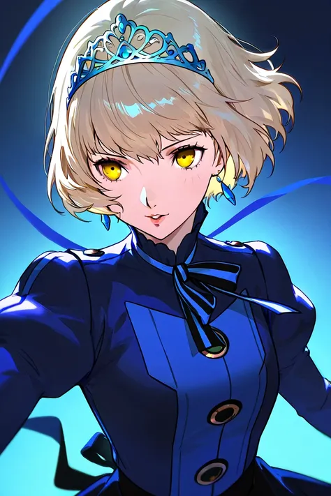 original character,  persona 5 royal artstyle, a velvet room uniform girl, a gorgeous woman wearing a blue elegant uniform, light grayish blonde hair, strong yellow eyes, very professional woman, blue tiara and ribbon on hair