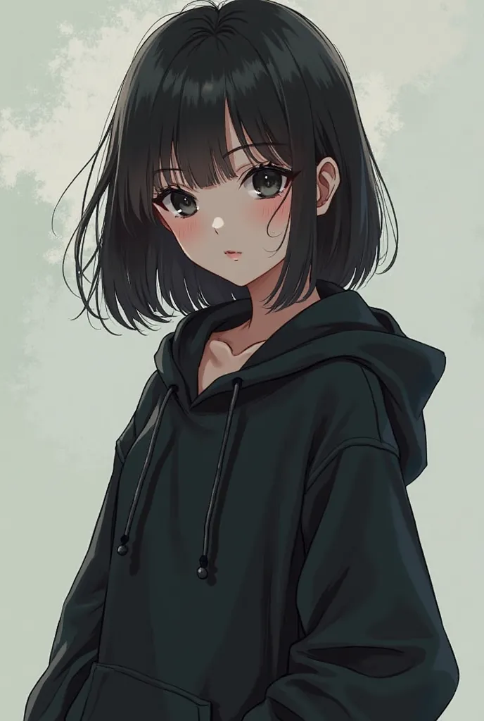 Anime style, a girl, with Asian black eyes, hair to the shoulders, with only a black hoodie on and nothing else, create a full body picture