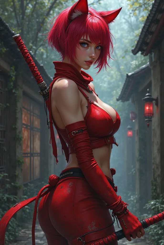 Cute sexy women ninja with cat ears red short hair