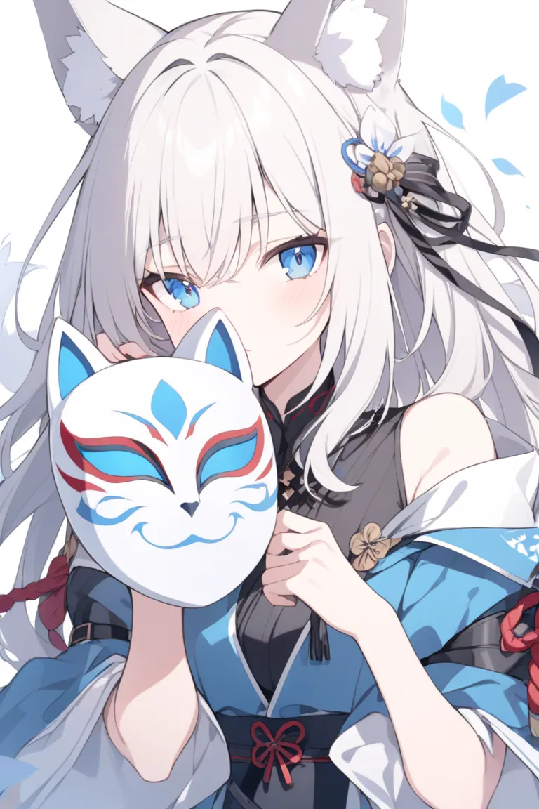 White girl, holding kitsune mask. Blue eyes.